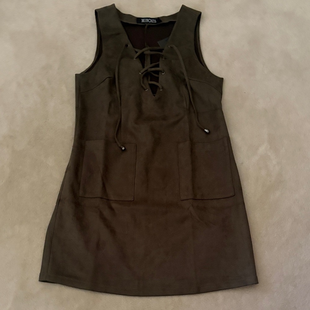 Olive Faux Suede Lace-Up Sleeveless Dress